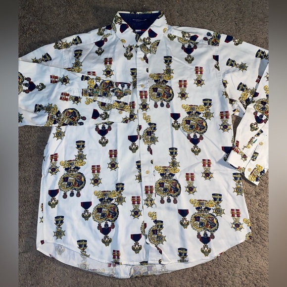 Vintage Tommy Hilfiger Crest Print Button Down Shirt 90s All Over Cotton M - Picture 3 of 10